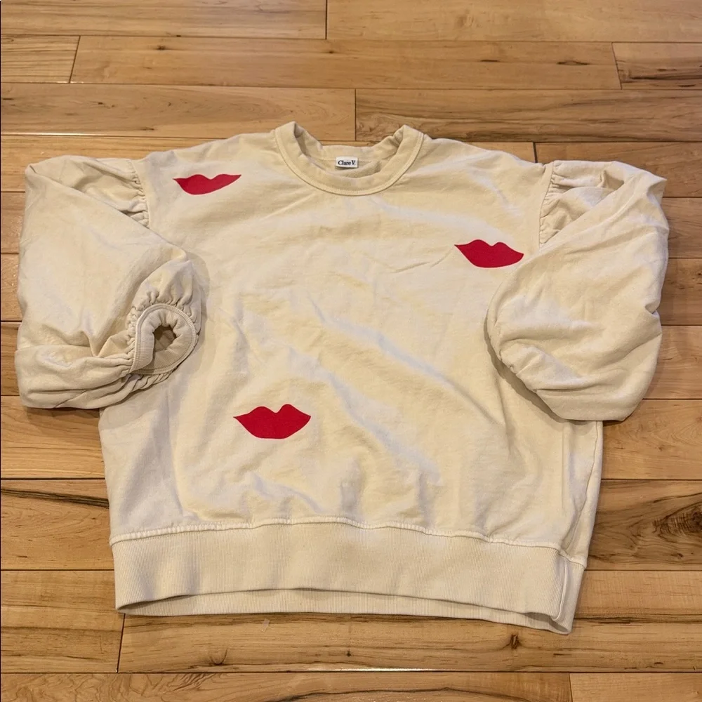 Clare V. Cream Drop Shoulder Lips Sweatshirt Size Small - Picture 4 of 7